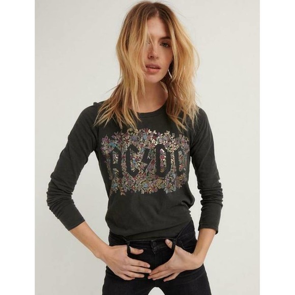 Lucky Brand M Acdc Floral Tee Long Sleeve Black Gray Gold Metallic Tshirt Top - Picture 1 of 7